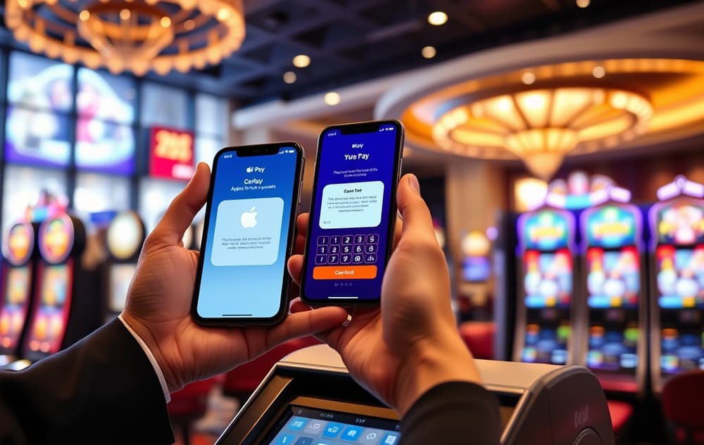 Person som betaler med Apple Pay på et nettcasino – iPhone med Face ID-bekreftelse.