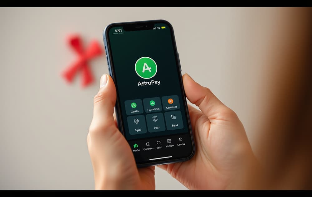 Person med mobiltelefon som viser AstroPay-appen foran en dataskjerm med casino.