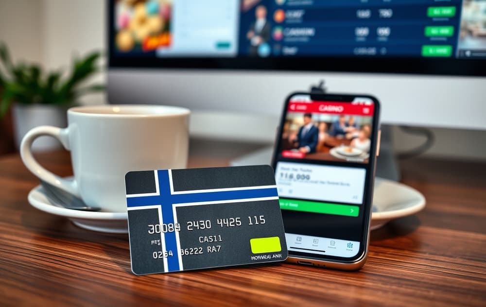Bankkort og mobiltelefon med casino-uttakskvittering på et bord