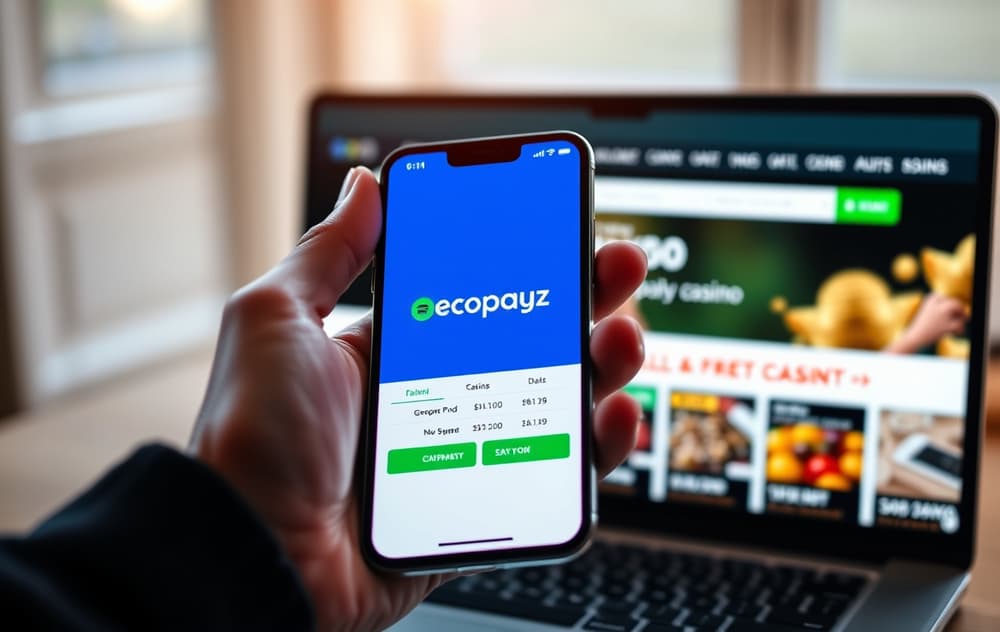 Person som bruker Ecopayz-appen for å betale på et nettcasino.