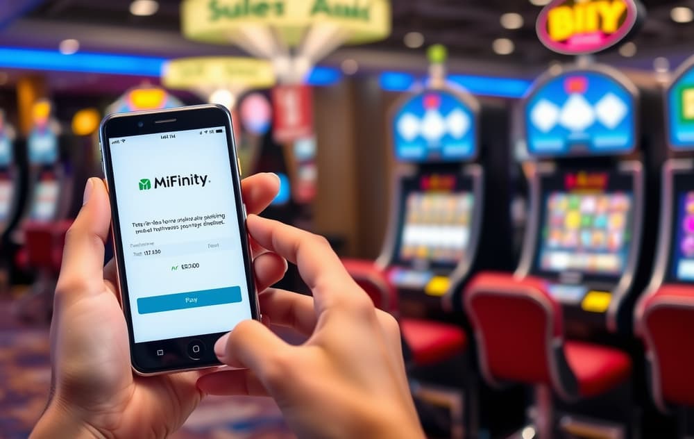Person som betaler på nettcasino med MiFinity-appen på mobiltelefon.