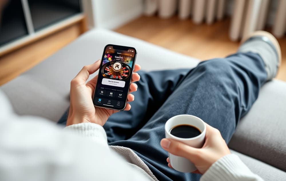 Person som setter inn penger på et nettcasino via mobilbetaling med Apple Pay.
