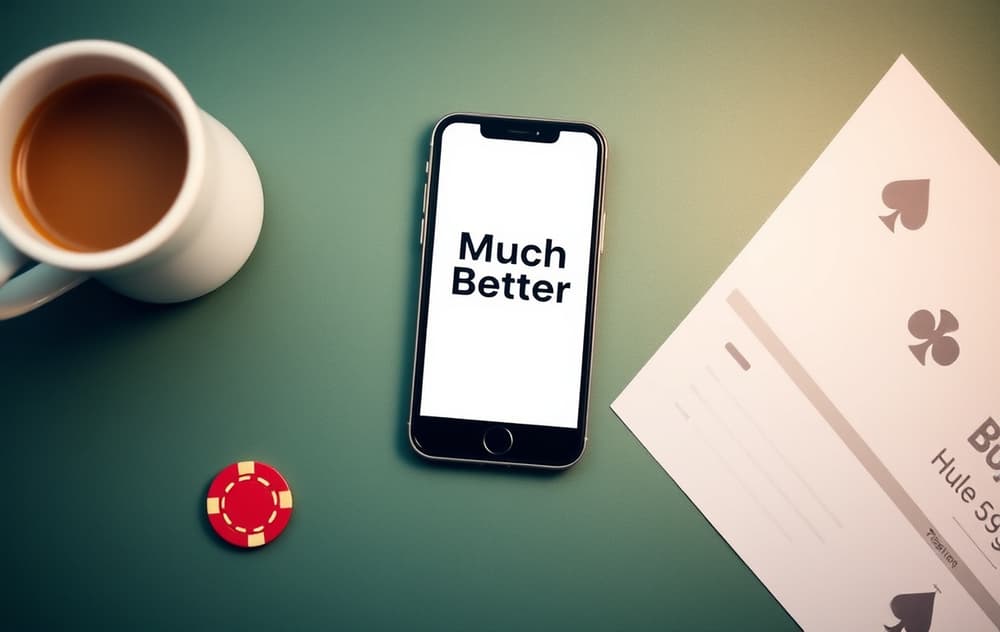 Mobiltelefon med MuchBetter-appen liggende på et casino-bord med spilljetonger