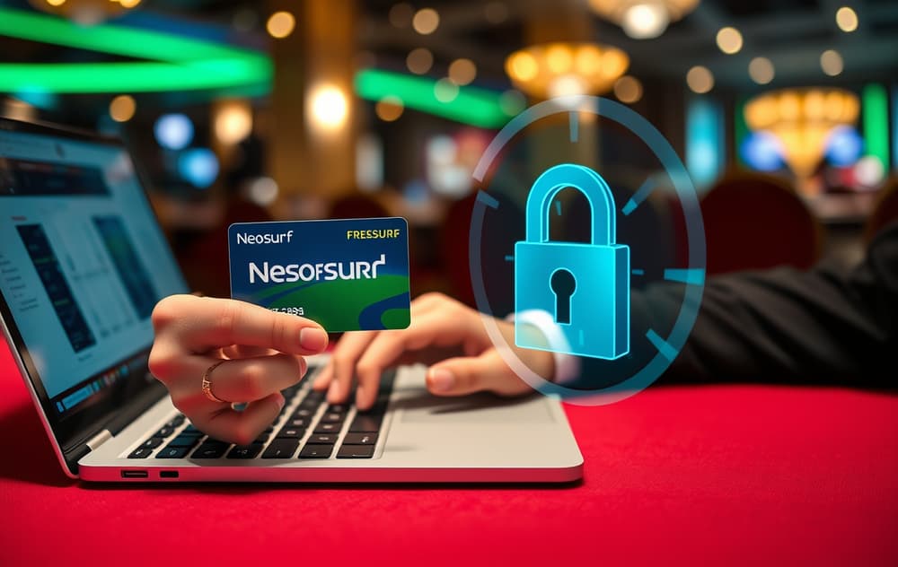 Person med Neosurf-kupong foran laptop på casino