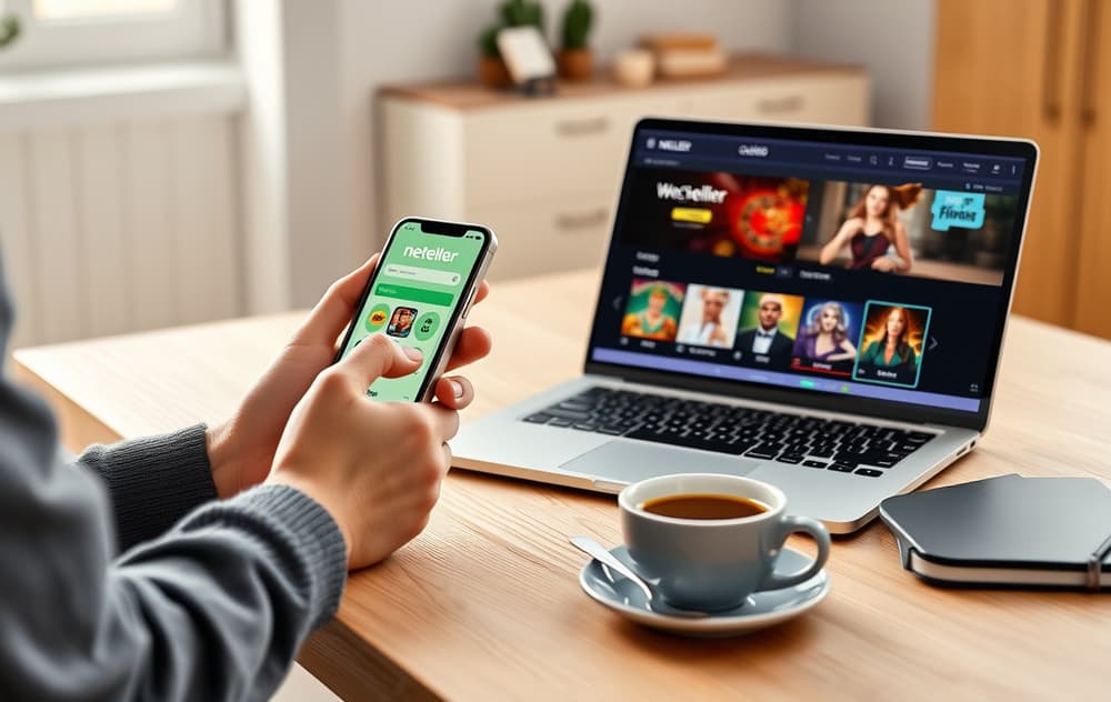 Person som bruker Neteller-app på mobil ved siden av en laptop med et casino-spill.