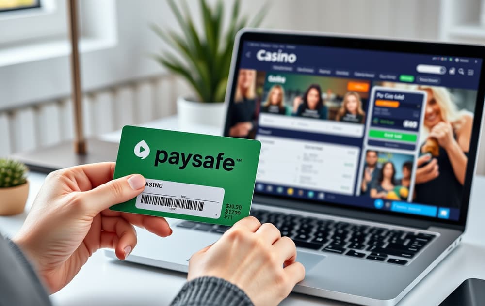 Person med Paysafecard foran laptop som viser casino kasse