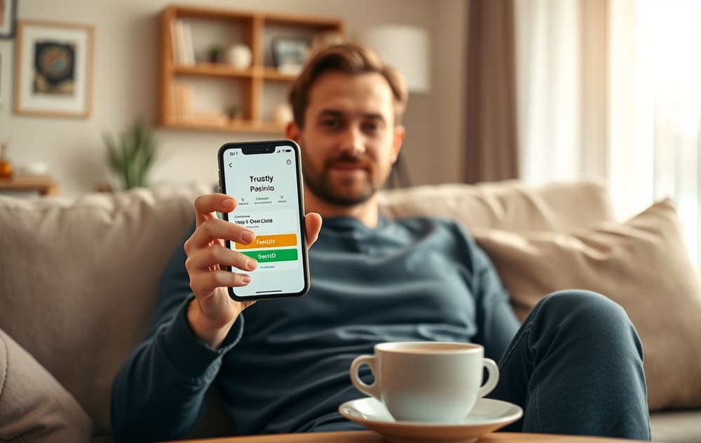 Norsk person som betaler med Trustly på mobilen via BankID i stuen hjemme