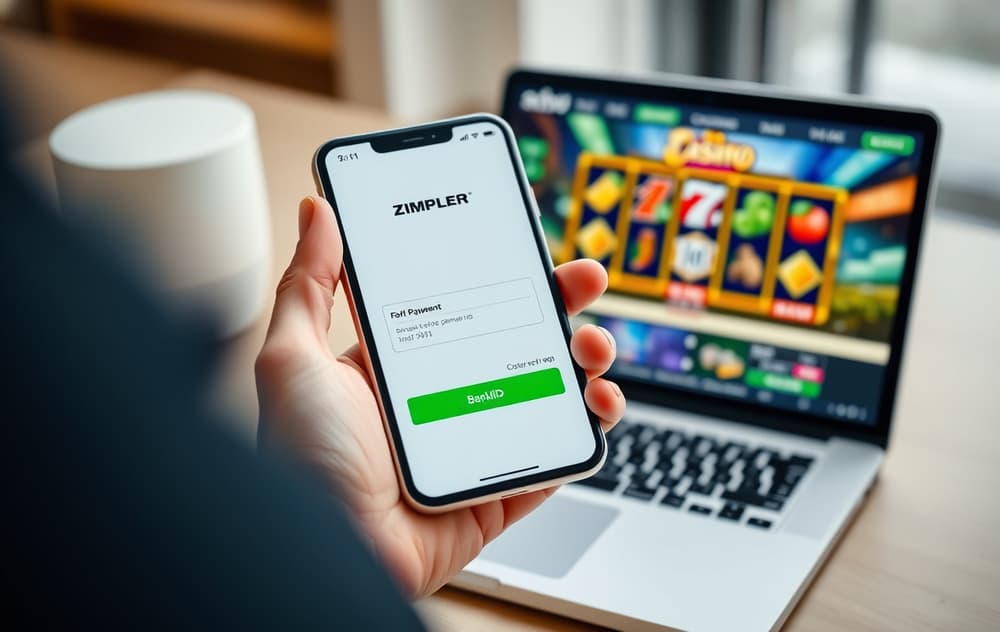 Person som betaler med Zimpler på mobilen foran en laptop med casino-side.