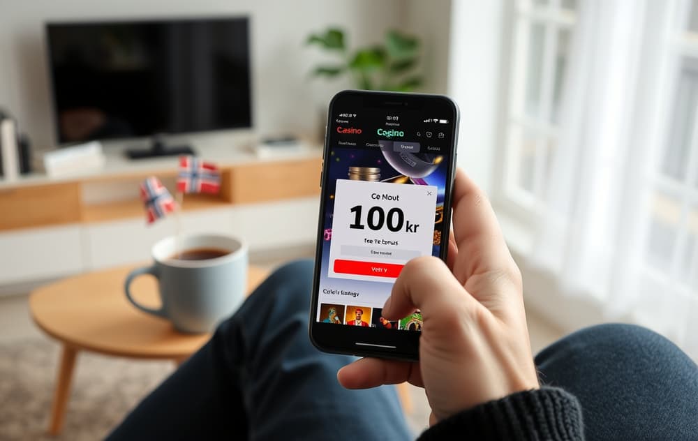 En norsk spiller holder en mobiltelefon med en 100 kr gratis bonus-pop-up på et nettcasino, med kaffekopp og norsk flagg i bakgrunnen, moderne stue.