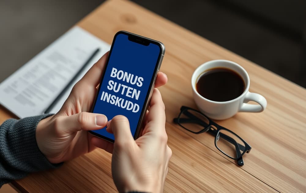 Person med smarttelefon som viser en casinobonus uten innskudd, omgitt av kaffekopp og briller på et trebord.