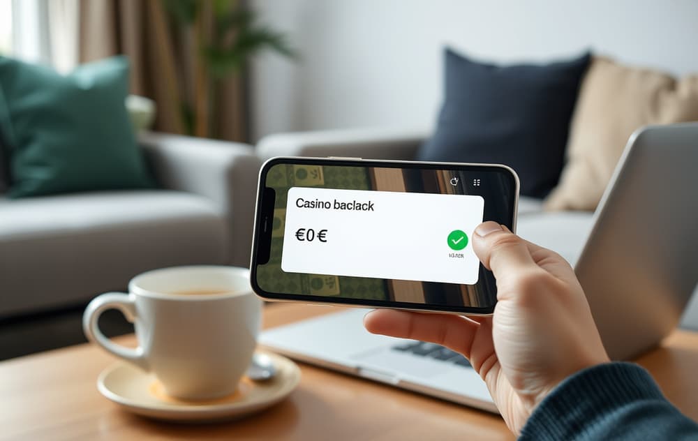 Smarttelefon som viser cashback-varsel fra et nettcasino, med norske kroner og grønt hakemerke, i en stue.