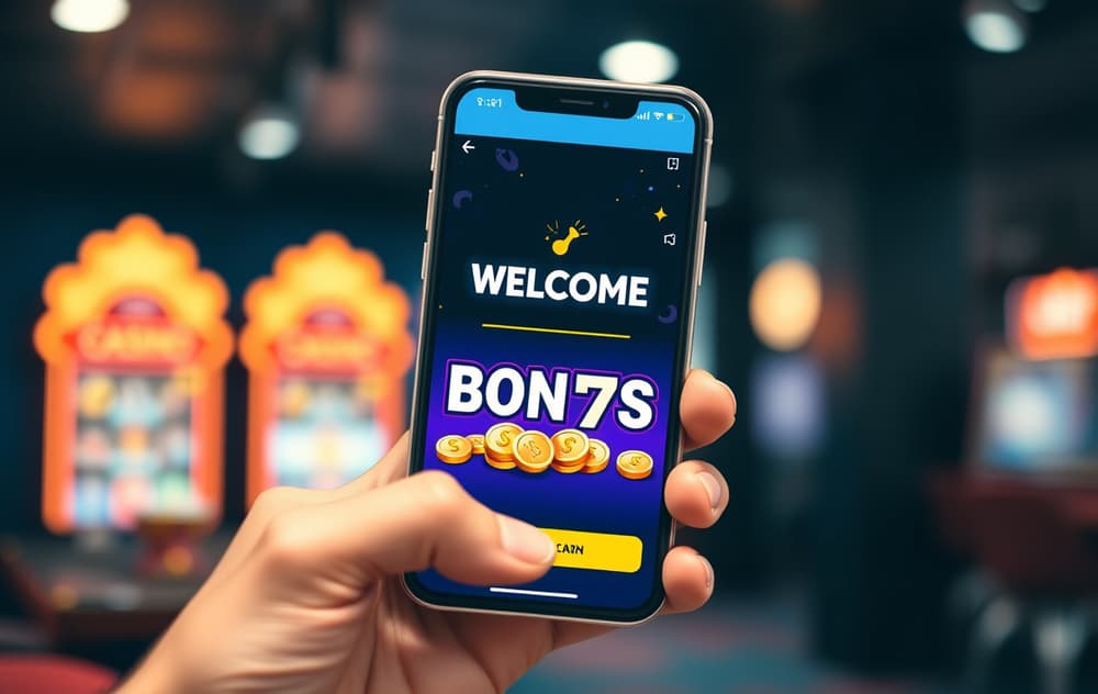 En mobiltelefon som viser en casino velkomstbonus med mynter og gratisspinn-ikoner