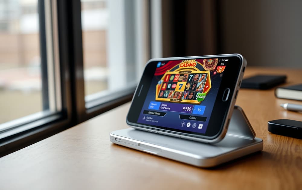 LuckyWins casino logo med firkløver og gullmynter på blå bakgrunn