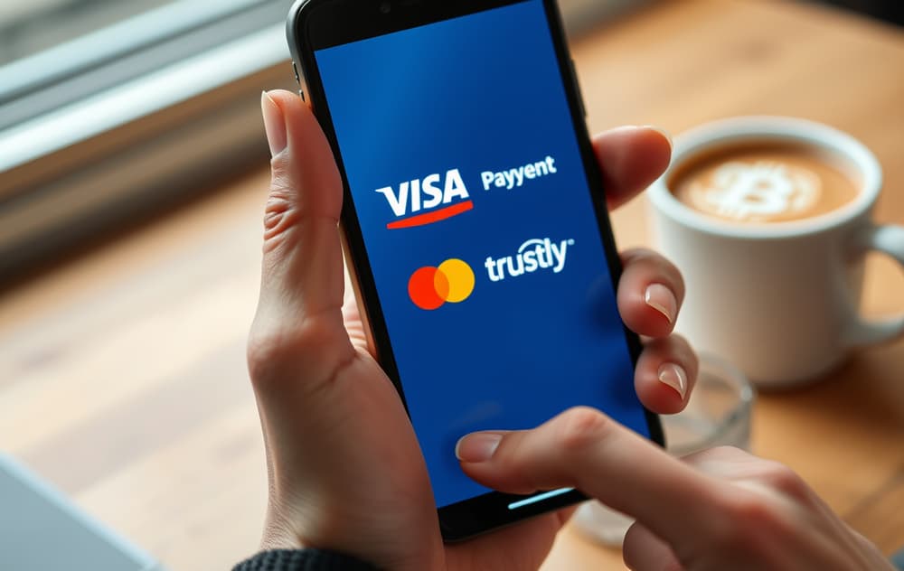 Hånd som holder mobil med betalingsikoner for casino – VISA, Trustly, Bitcoin.