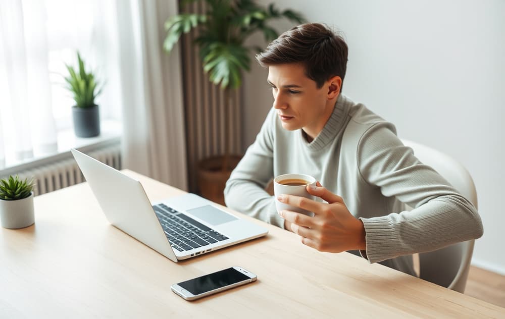 En person som sitter ved et skrivebord med laptop, kredittkort og mobiltelefon, og vurderer et nettcasino.