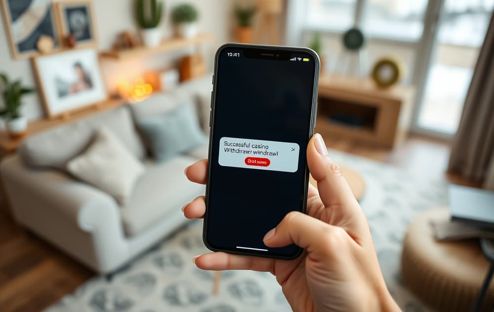 Mobilskjerm som viser vellykket casino-uttak, med en hånd som holder telefonen.