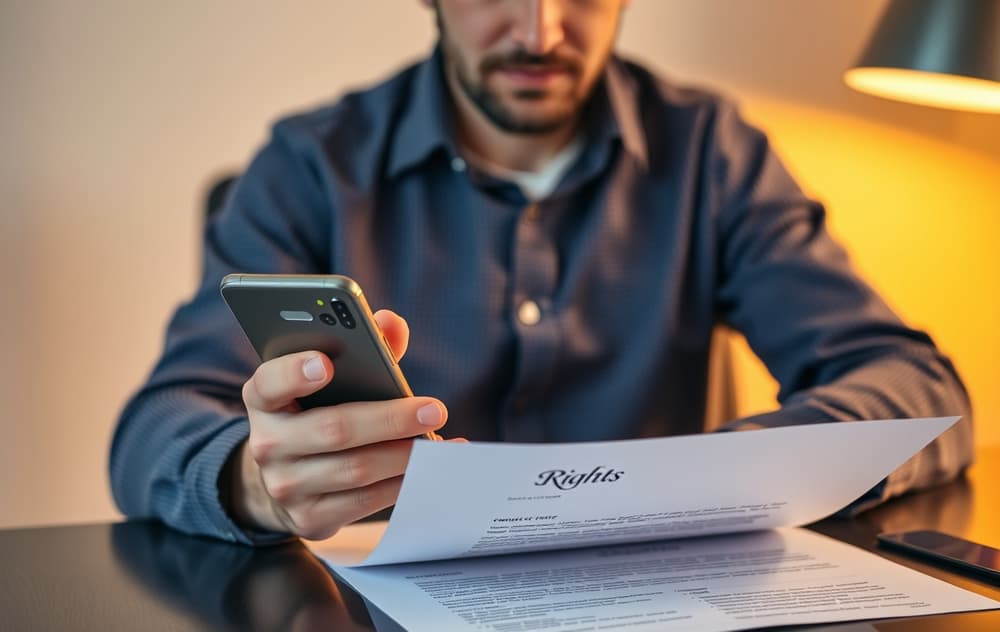 En person som studerer en kontrakt og mobil med casinoapp, illustrerer spillernes rettigheter.