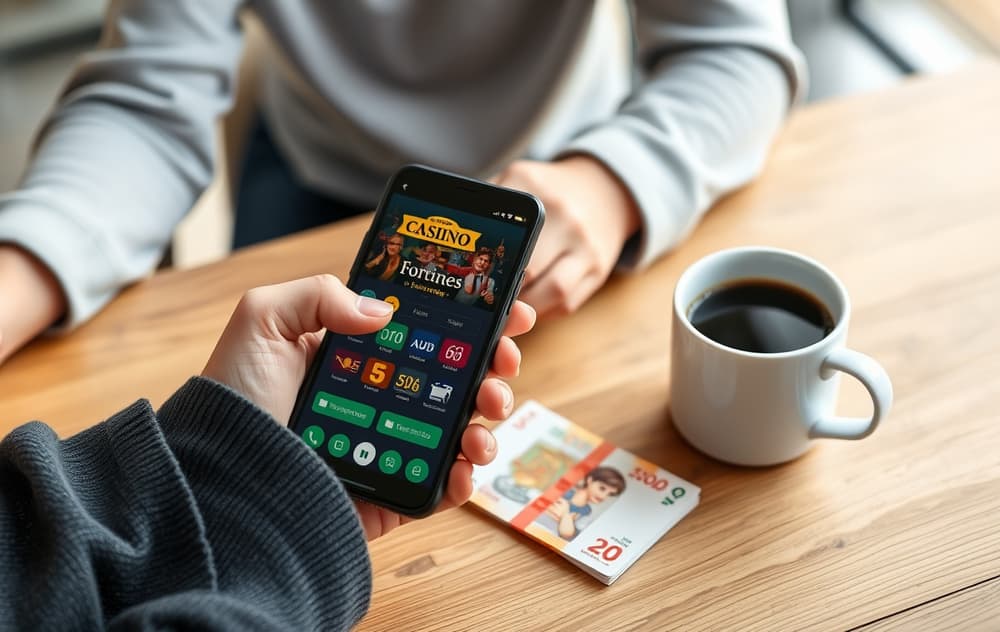 En person som spiller på et mobilcasino med norsk grensesnitt, med kaffe og sedler på bordet.