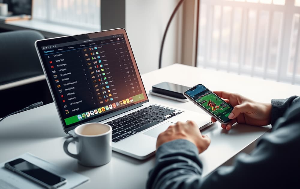 Person som sammenligner odds på en bærbar PC med kaffekopp og mobil ved siden av.