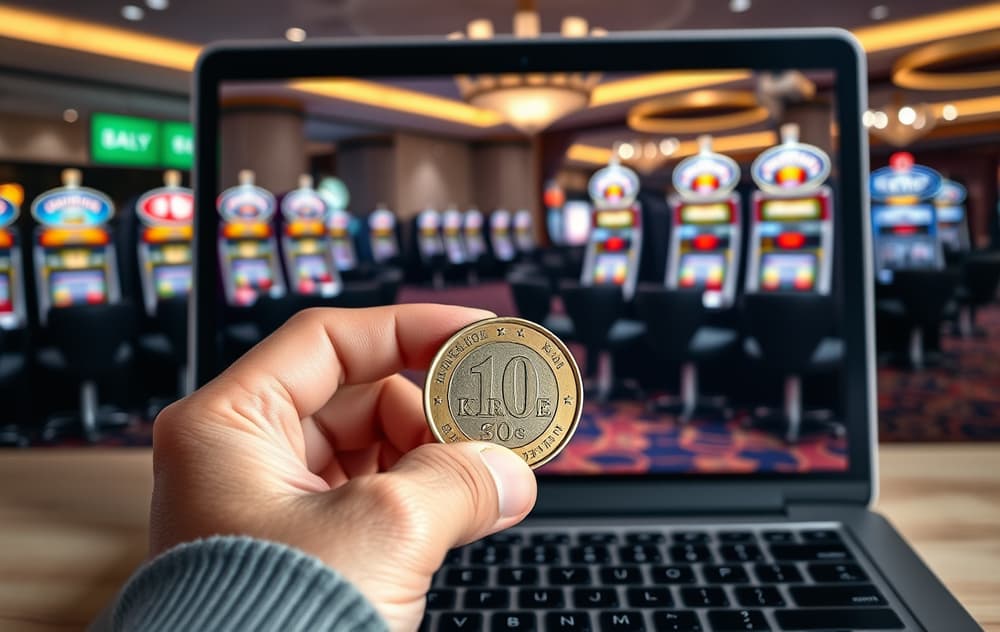 Hånd som holder en 10-krone mynt foran en laptop med casinospill på skjermen