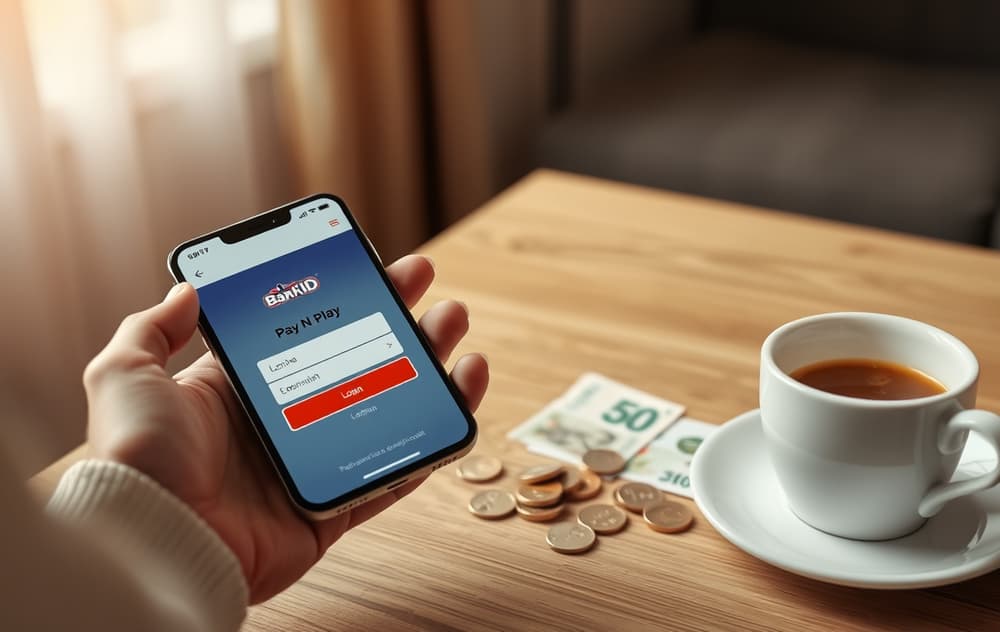Person med mobiltelefon som viser BankID-innlogging på et casino uten registrering, med norske sedler og kaffekopp på bordet.