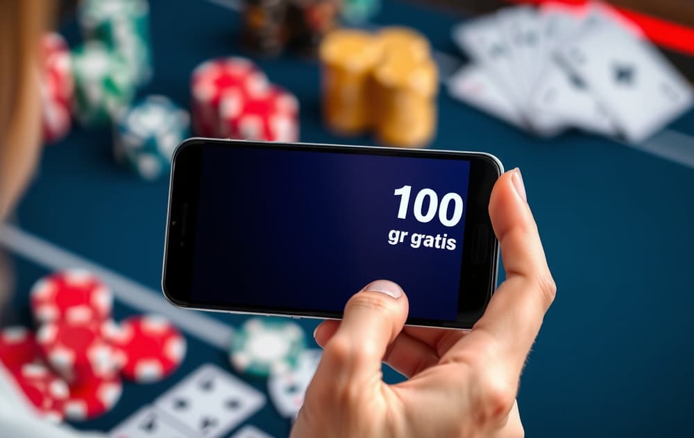 En person med smarttelefon som viser en gratisbonus på 100 kr fra et nettcasino.