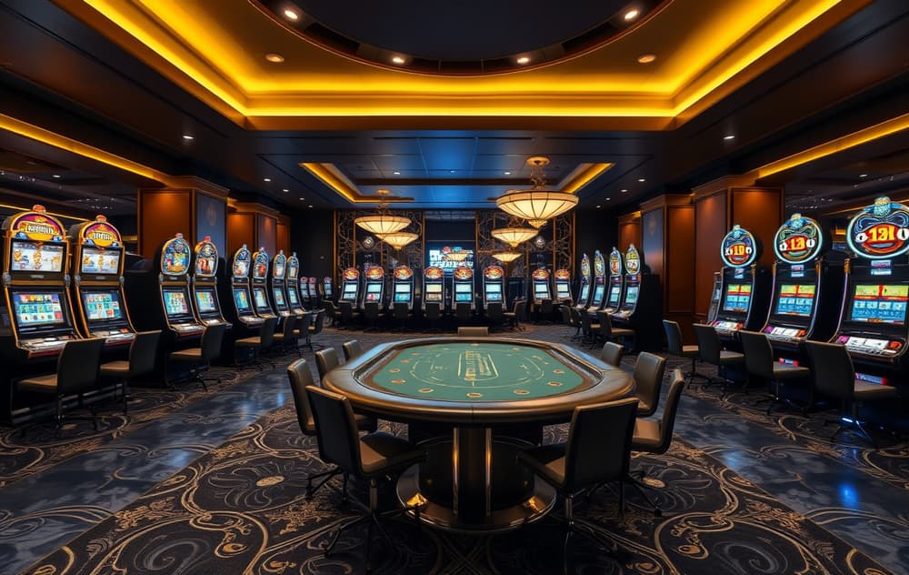 Luksuriøs casino-lobby med spilleautomater og pokerbord, highroller-stemning.