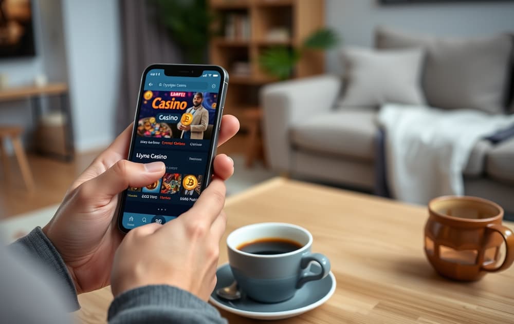 Person som spiller på et kryptocasino på mobiltelefon med kryptovaluta-symboler synlig