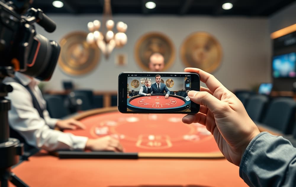 Live casino med ekte dealer og smarttelefon som viser spillet.