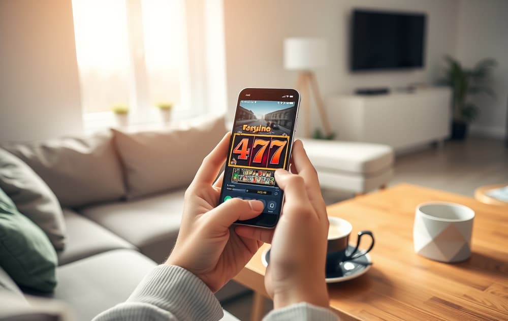 Person som spiller på mobilcasino i en moderne norsk stue