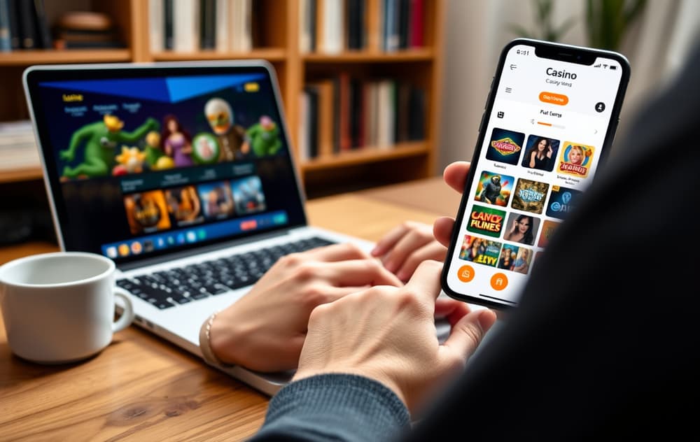 En person som sitter ved en laptop og sammenligner nettcasino på skjermen, med en mobiltelefon ved siden av.