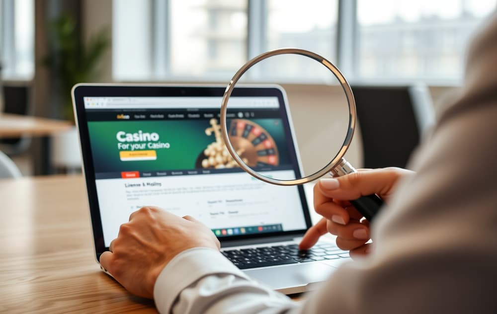 En person sammenligner casinoer på en bærbar PC med forstørrelsesglass over lisensdetaljer.