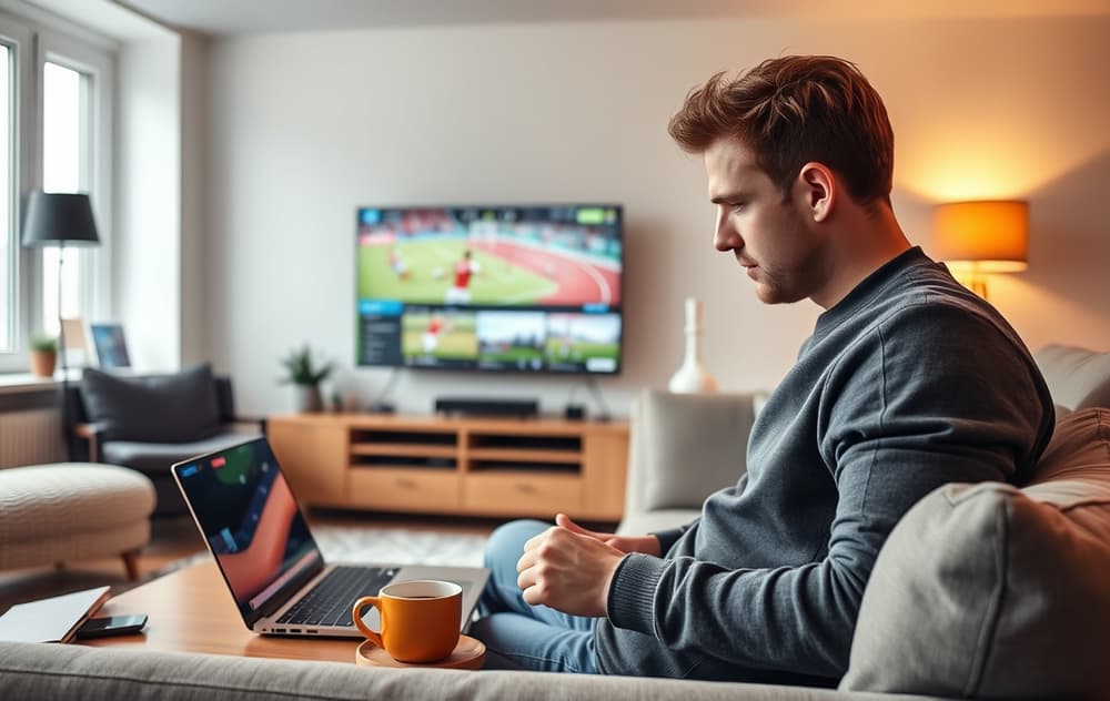 Person som sammenligner odds på en bærbar PC med fotball på TV