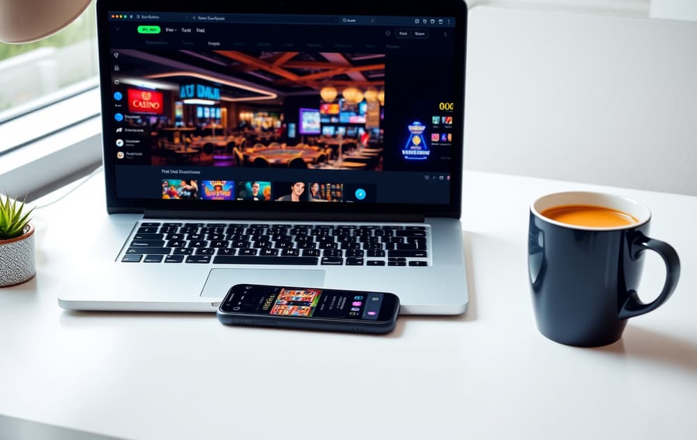 Skrivebord med laptop som viser et nettcasino, mobiltelefon med betalingsapp og kaffekopp