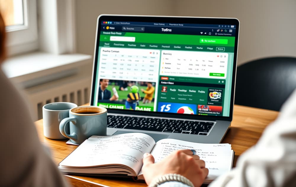 En person sammenligner bettingsider på en laptop med notater om oddsbonus