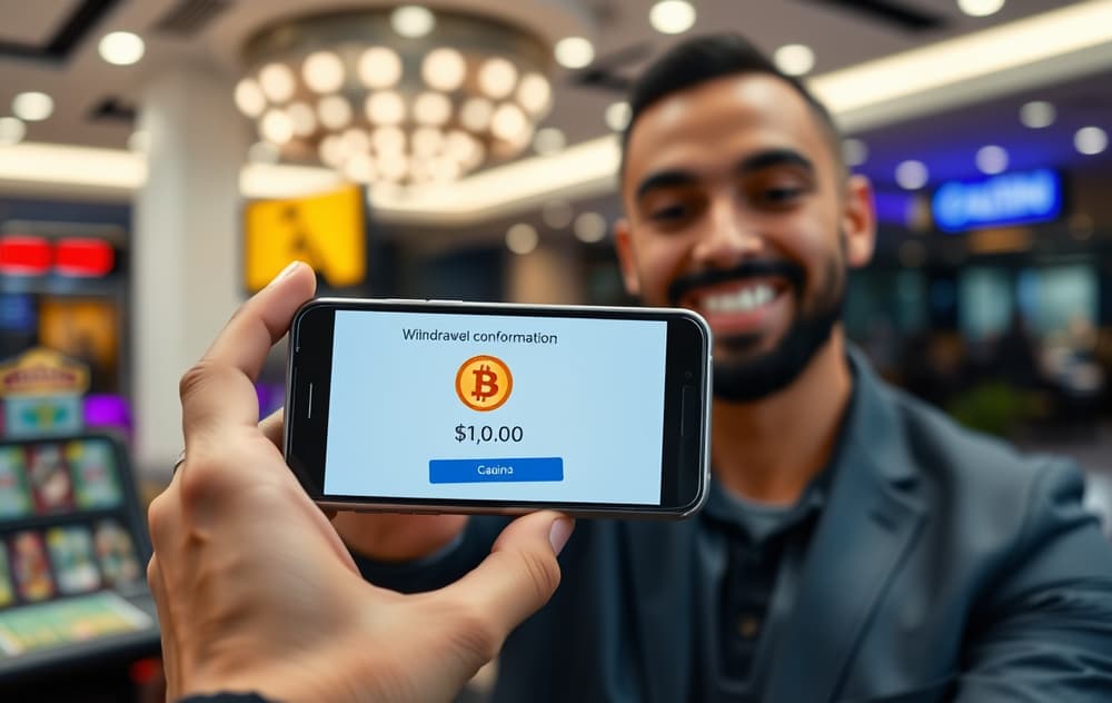 Person som mottar rask utbetaling fra casino på mobilen.