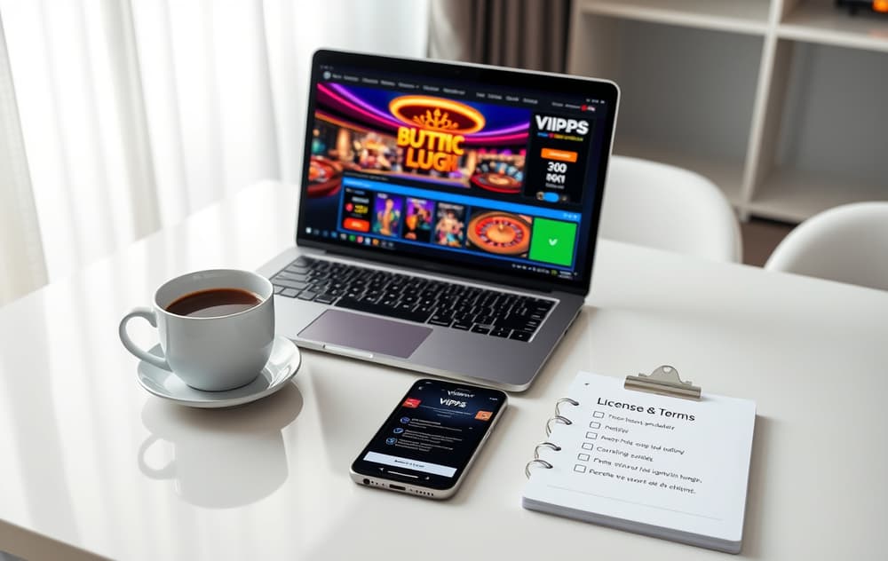 Skrivebord med laptop som viser casinolobby, kaffekopp, mobil med Vipps-app og notatblokk med sjekkliste for lisens og vilkår.
