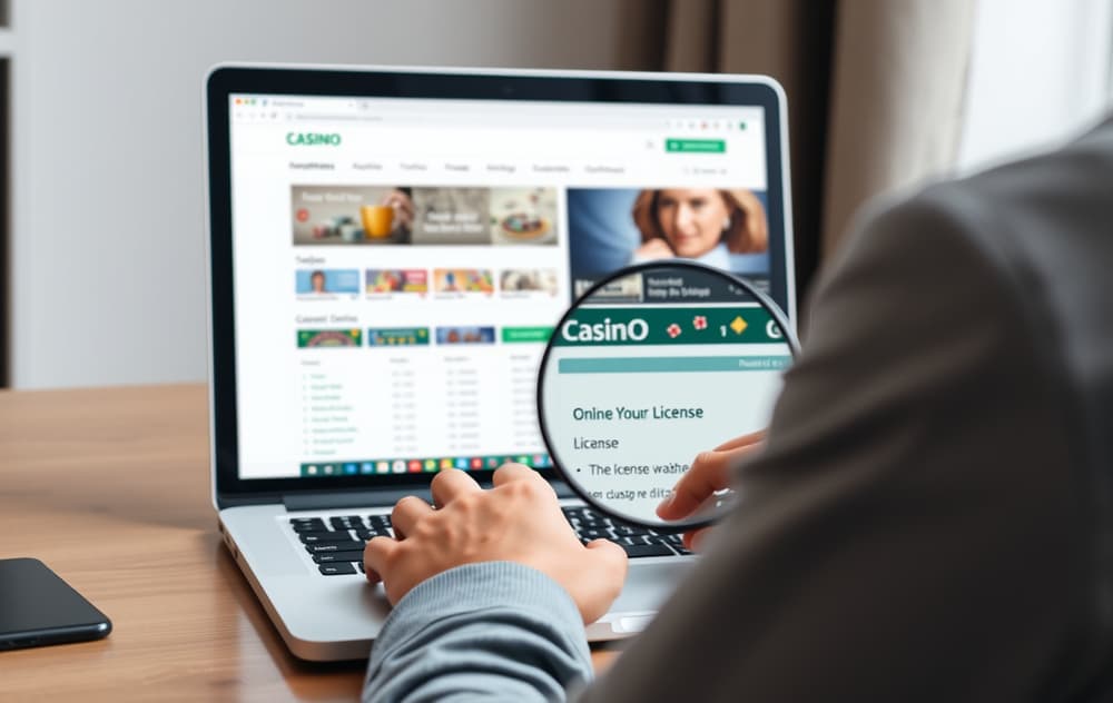Sammenligning av utenlandske casinoer på laptop med fokus på lisensinformasjon.