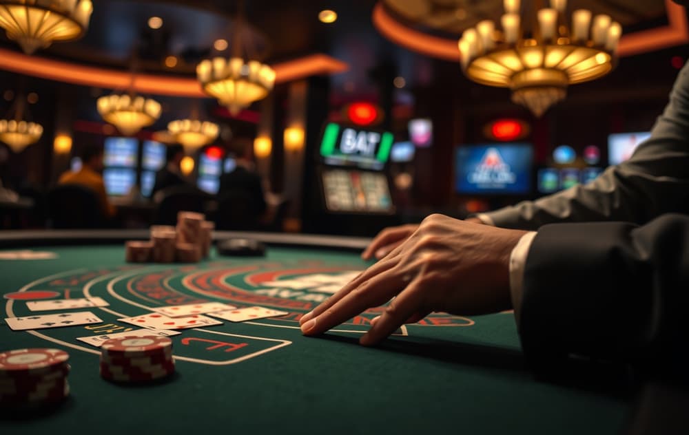 Blackjack-bord med kort, sjetonger og dealerens hånd i et dempet casino-lys.