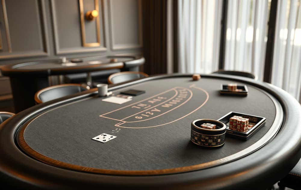 Bordspill blackjack med kort, sjetonger og grønt bord.