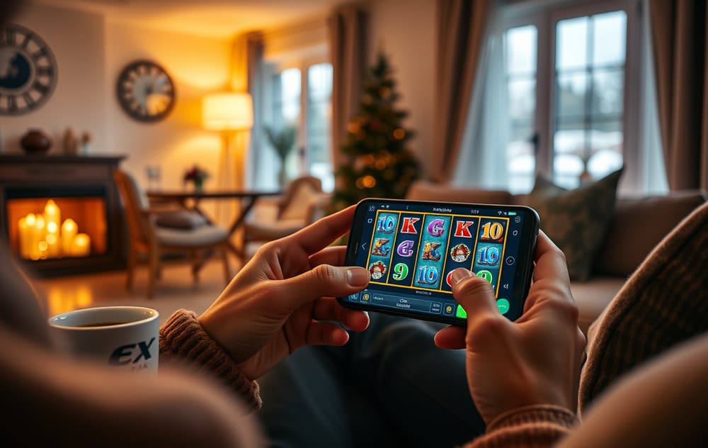 Person som spiller casinospill på mobil i stuen