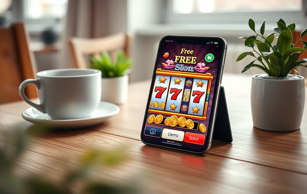 Mobiltelefon som viser demospill av en spilleautomat med virtuelle mynter, på et bord med kaffekopp.