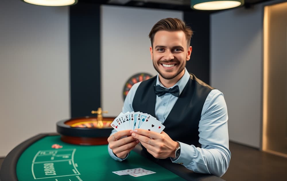 Live casino dealer med kort og rulett i studio