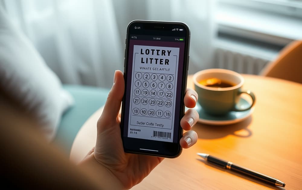 Person med mobiltelefon som viser et digitalt lodd, kaffekopp og penn på bordet