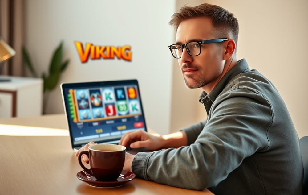 En person i 30-årene spiller norske spilleautomater på en bærbar PC hjemme, med en kopp kaffe på bordet.